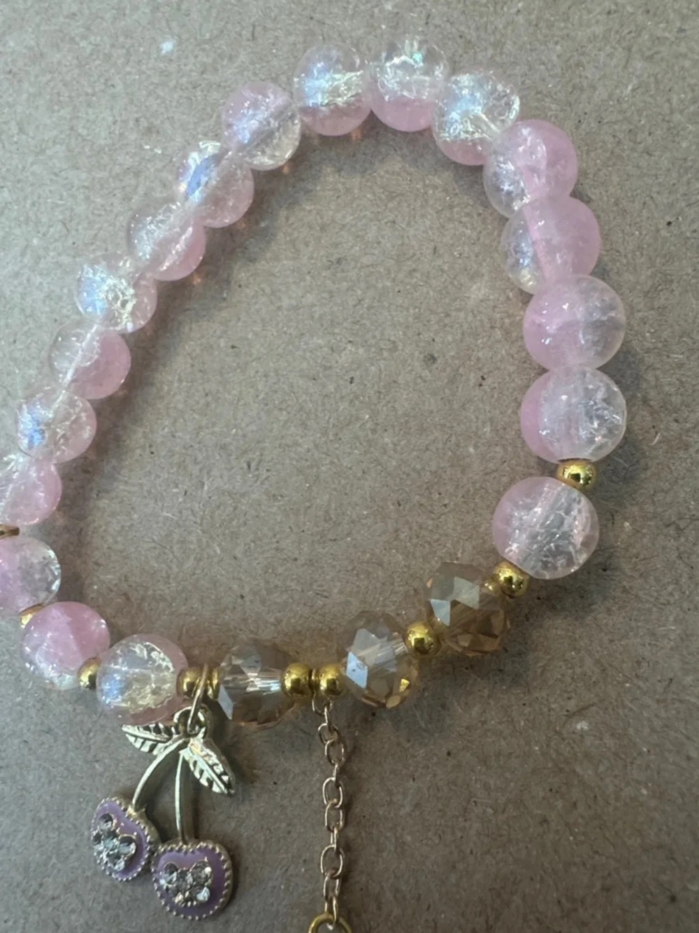Pink Crackle Bead Bracelet with Cherry Charm